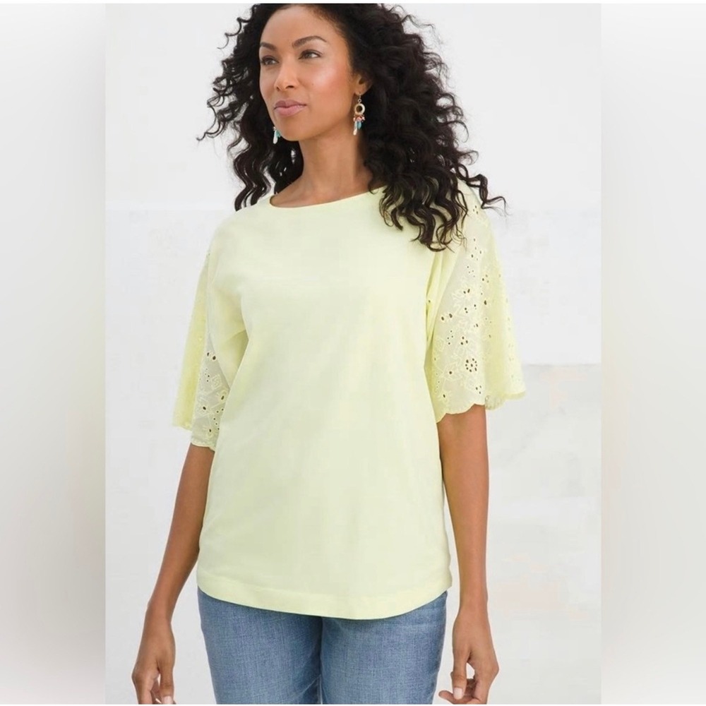 Chicos Eyelet Elbow Sleeve Tee Pale Soft Lime Yellow Cotton Knit Top Small NEW